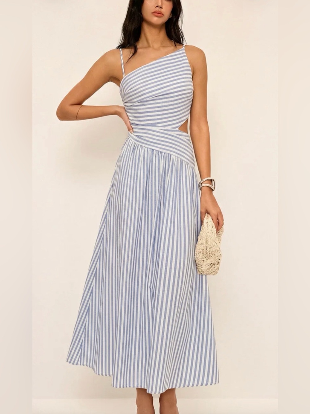 Commense One-Shoulder Striped Midi Dress in Light Blue and White